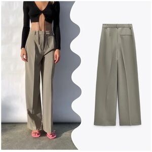 Zara Neutral On Trend Wide-Leg Trouser Pants Academia Preppy Old Money